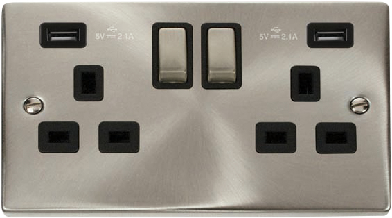 Click Deco Satin Chrome 13A Double Switched Socket with 2 USB Outlets VPSC580BK