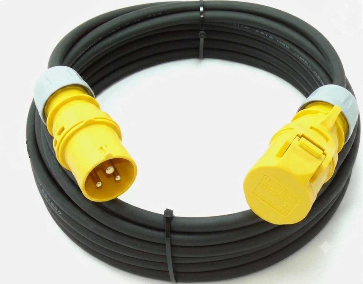 16A 3 Pin Yellow 110V H07RN-F Extension Lead Plug & Socket 10M